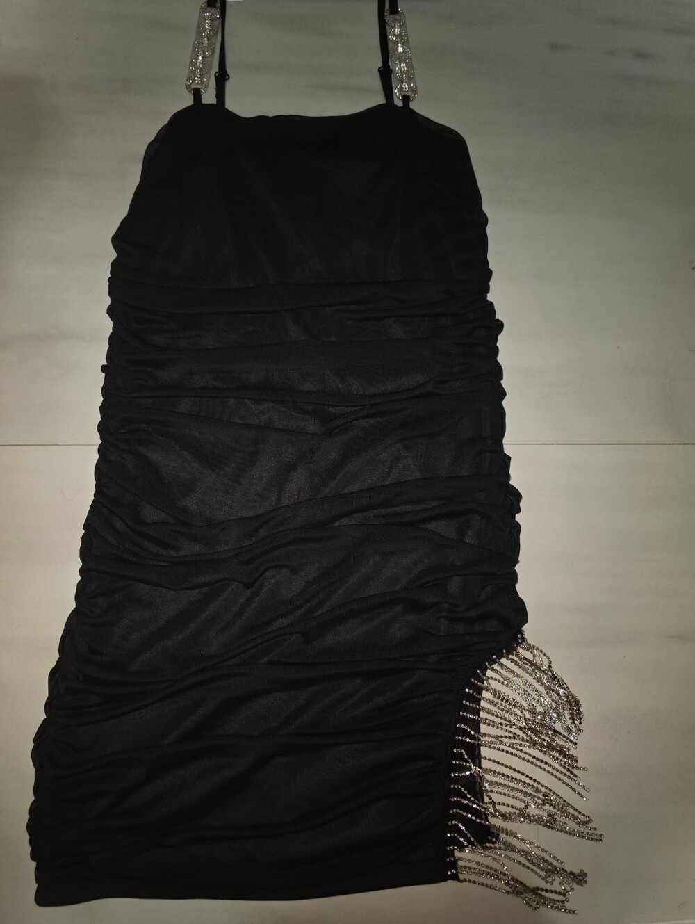 Black Rhinestone Strap Ruched Mini Dress - Picture 4 of 5